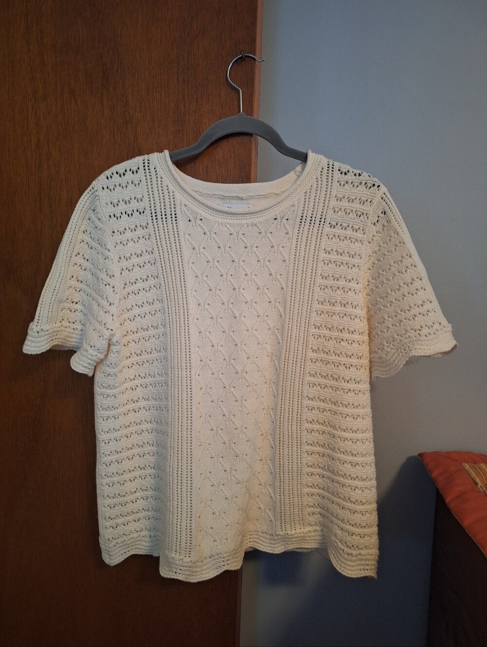 croft & barrow Women's Cream Open-Knit Front Bodice Short Sleeve Pullover Size M